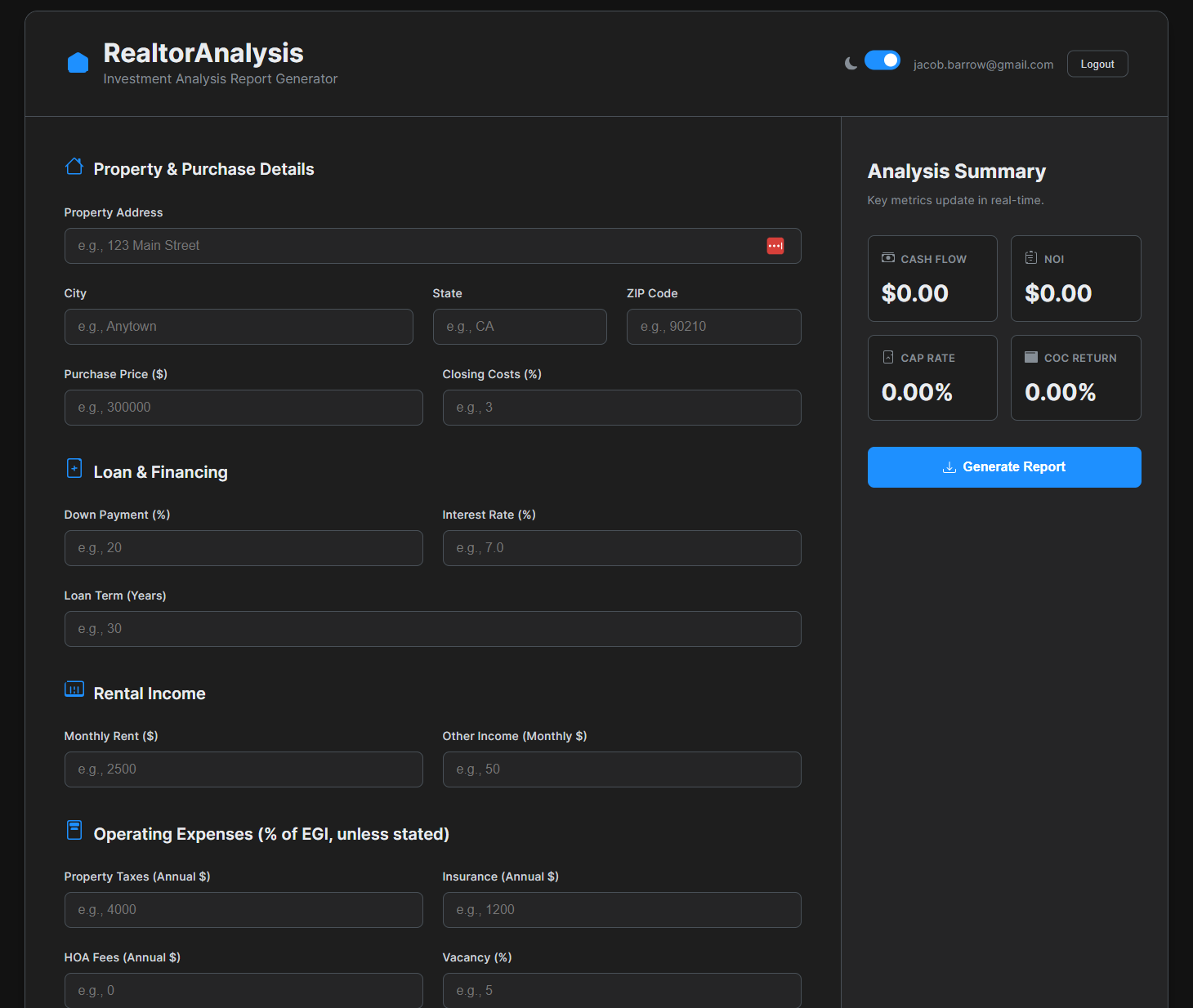 Screenshot of the RealtorAnalysis tool in dark mode
