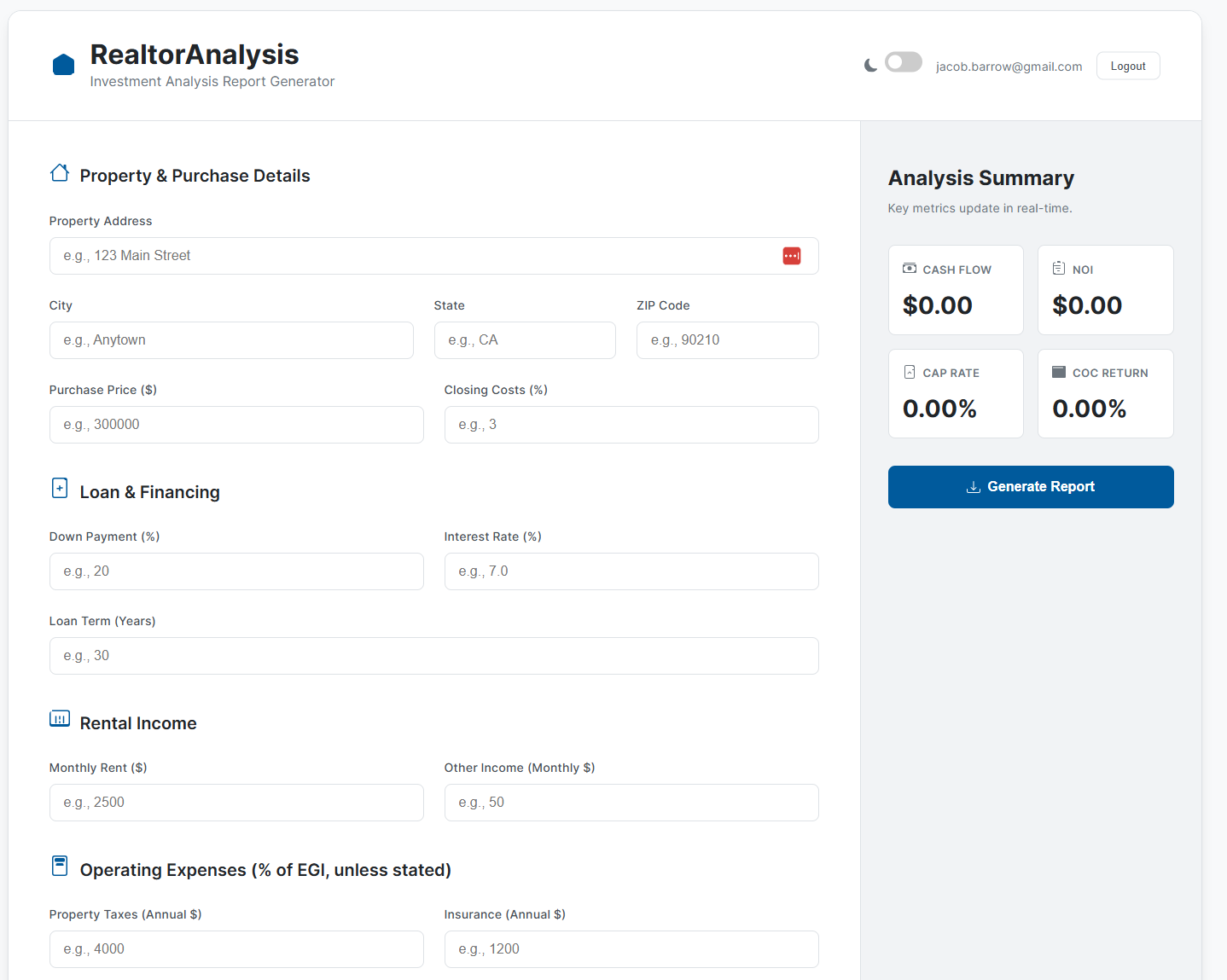 Screenshot of the RealtorAnalysis tool in light mode